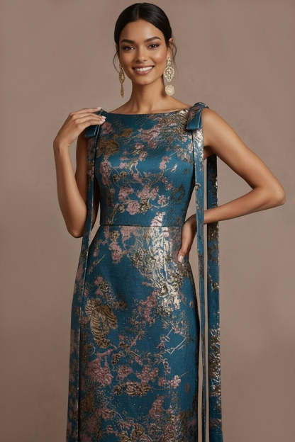 Blue Jacquard Sheath Floral Round Neck Long Formal Dress with Bow