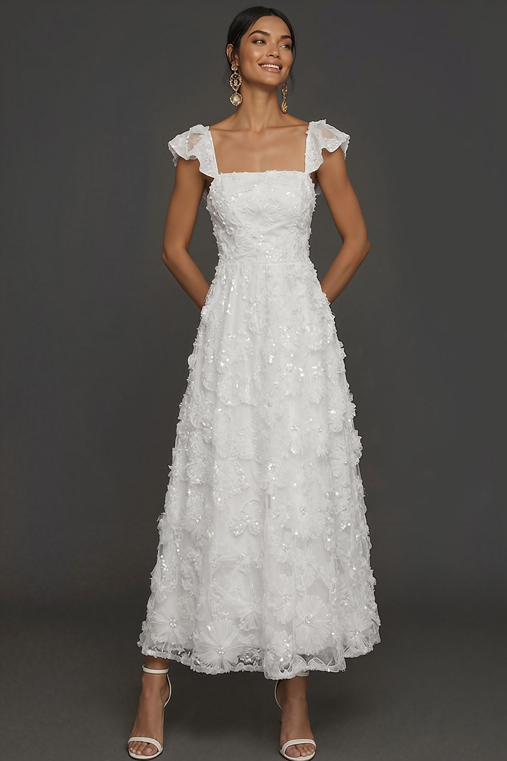 White A Line Sparkly Sequined Appliqued Floral Long Engagement Dress