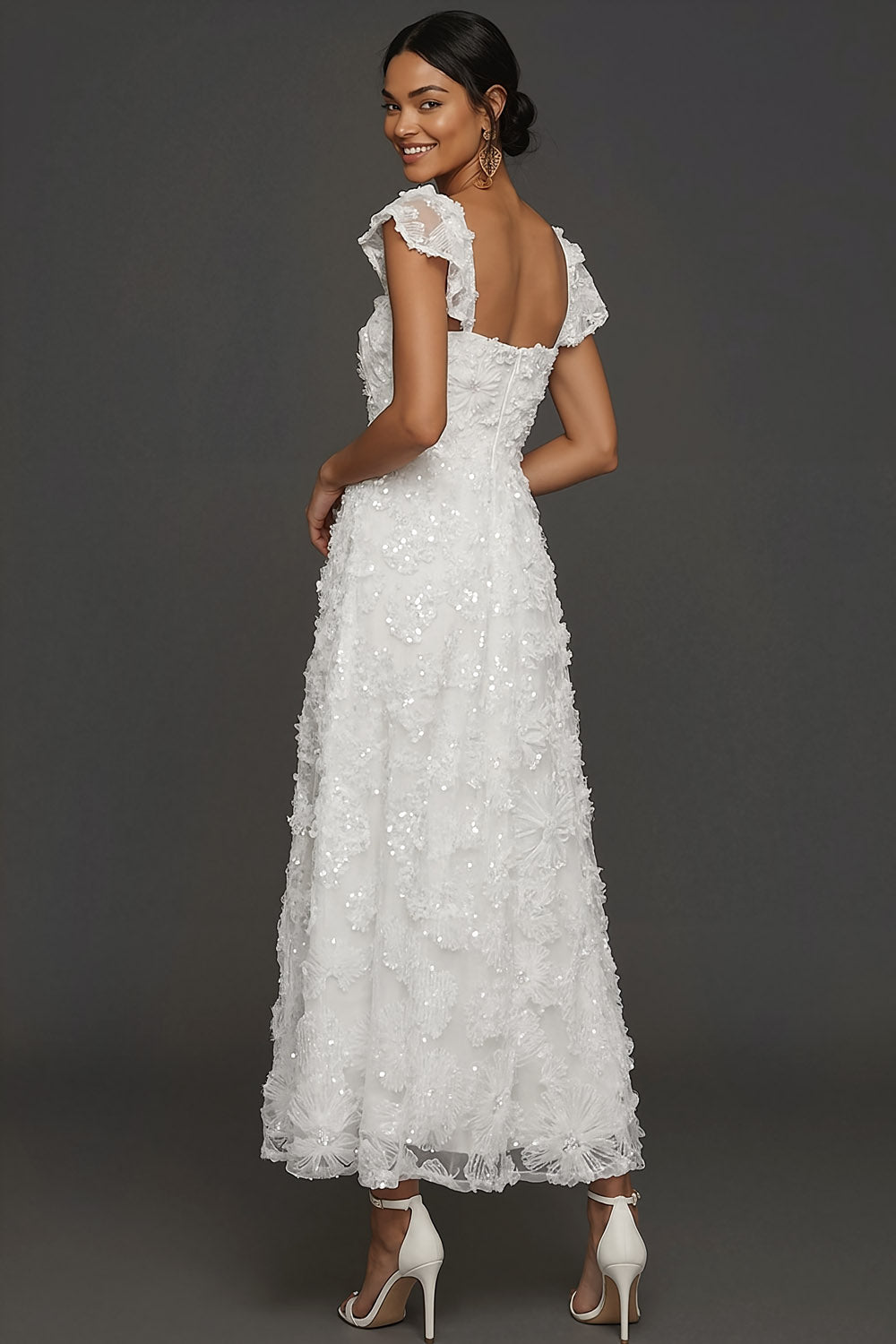 White A Line Sparkly Sequined Appliqued Floral Long Engagement Dress