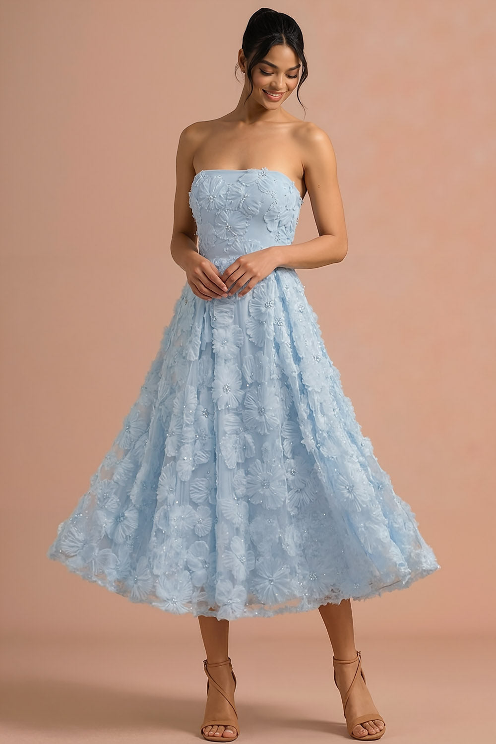 Leely Women Light Blue A Line Floral Appliqued Long Formal Dress Strapless Backless Sleeveless Wedding Guest Dress