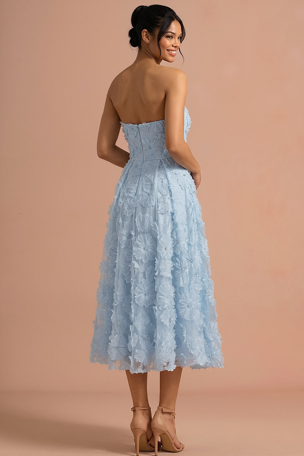 Light Blue A Line Strapless Floral Appliqued Long Formal Dress