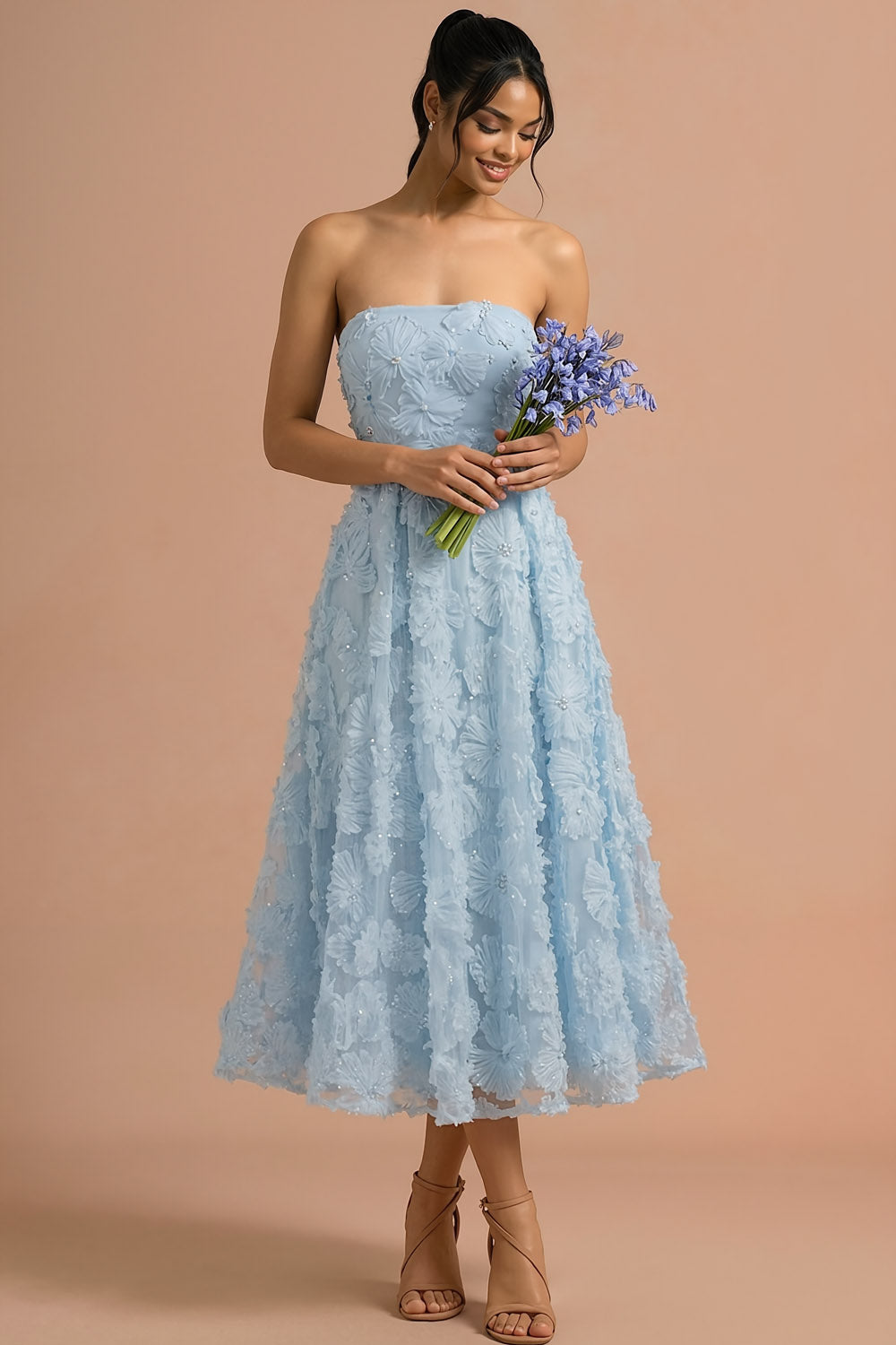 Light Blue A Line Strapless Floral Appliqued Long Formal Dress