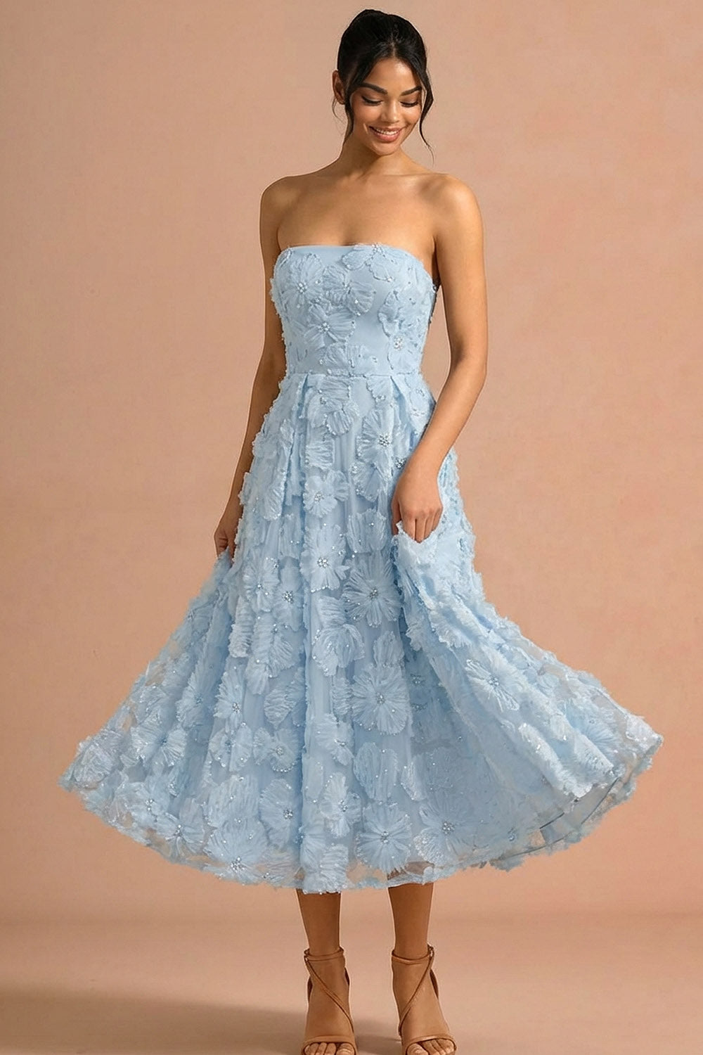 Light Blue A Line Strapless Floral Appliqued Long Formal Dress