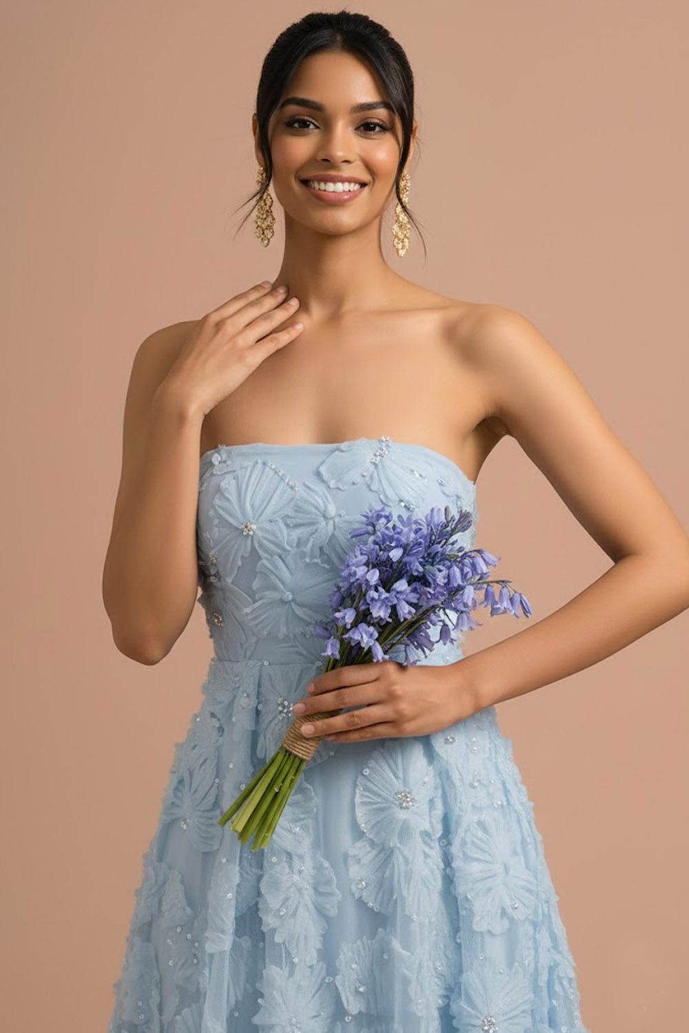 Light Blue A Line Strapless Floral Appliqued Long Formal Dress