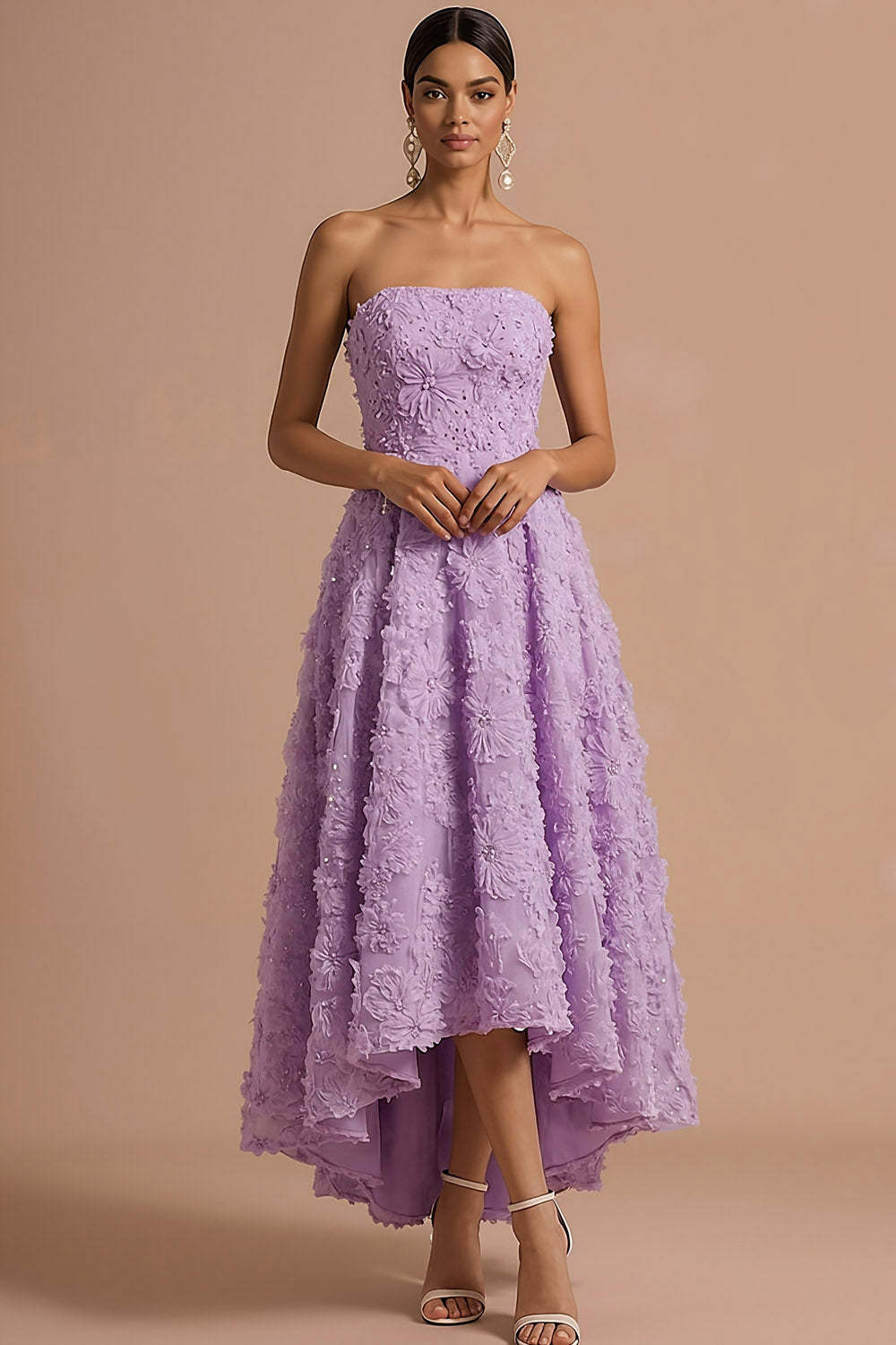 Leely Women Lilac Floral Appliqued High Low Formal Dress Strapless Backless Sleeveless Wedding Guest Dress