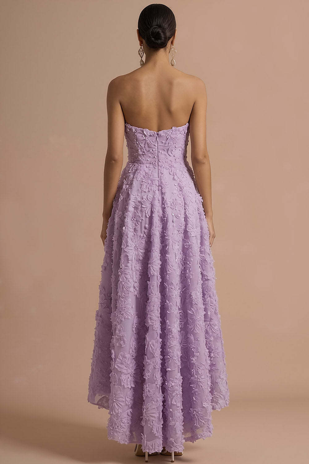 Lilac Floral Appliqued Strapless Backless High Low Formal Dress