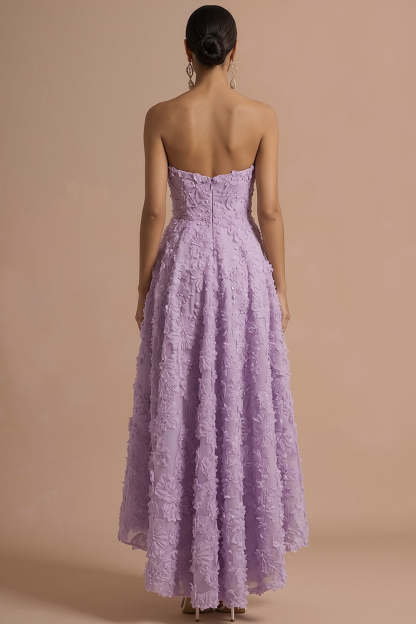Lilac Floral Appliqued Strapless Backless High Low Formal Dress