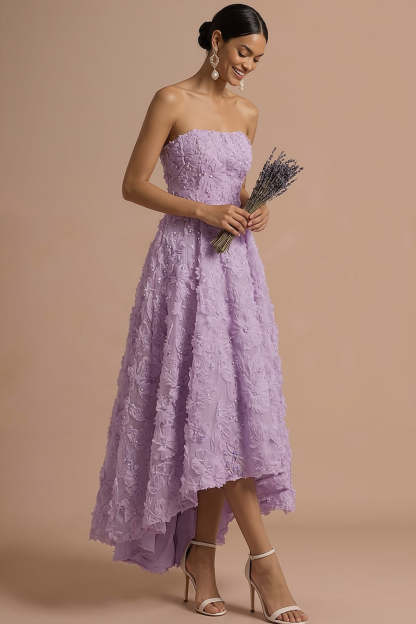 Lilac Floral Appliqued Strapless Backless High Low Formal Dress