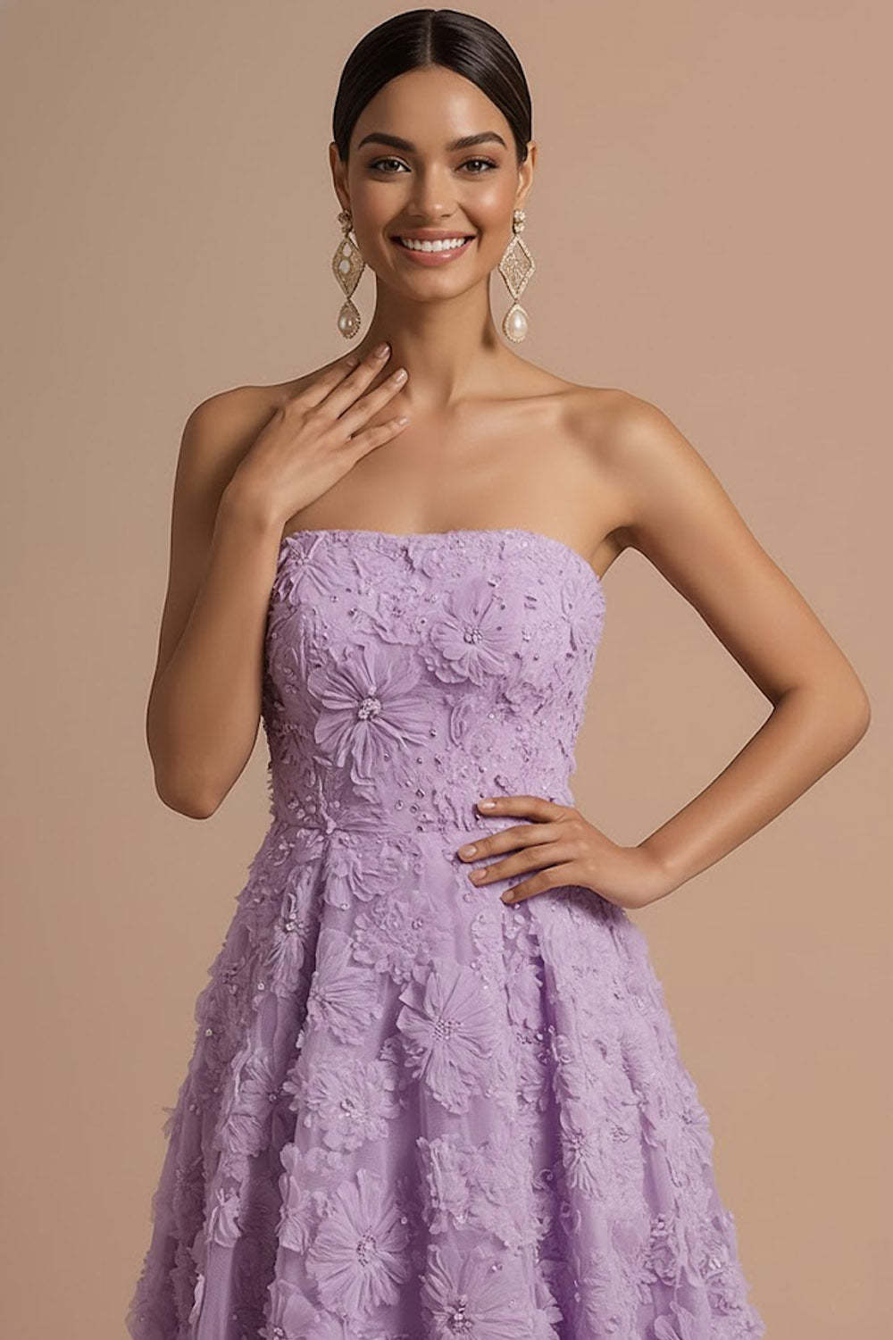 Lilac Floral Appliqued Strapless Backless High Low Formal Dress