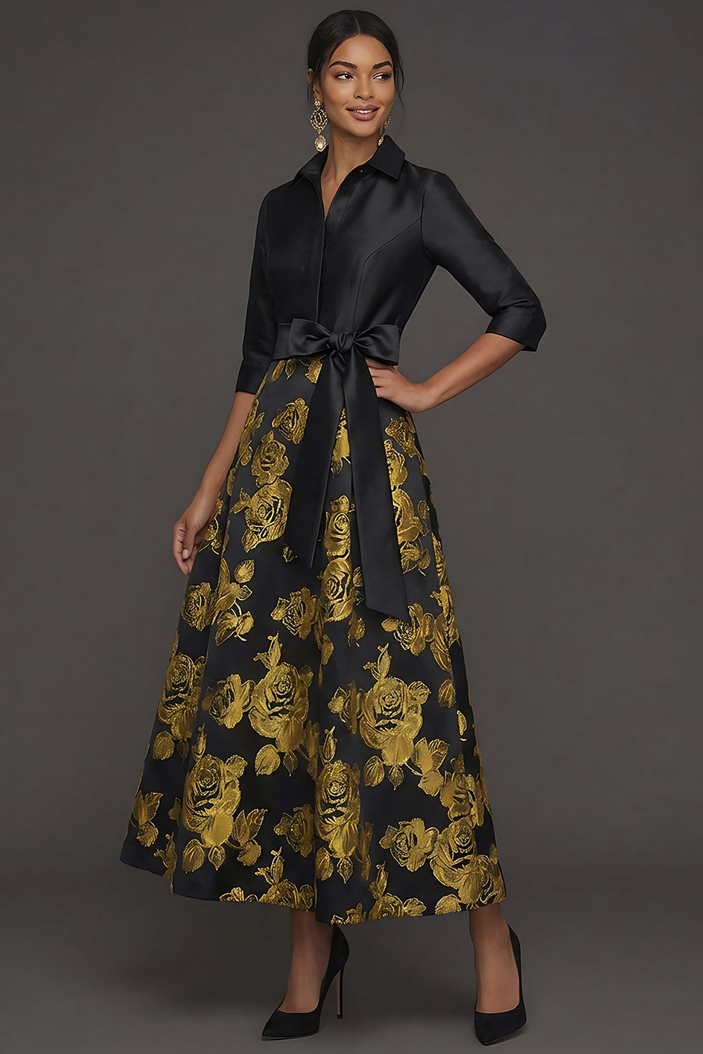 Leely Women Floral Golden Jacquard Collar Neck Long Formal Dress Half Sleeves Bow Wedding Guest Dress