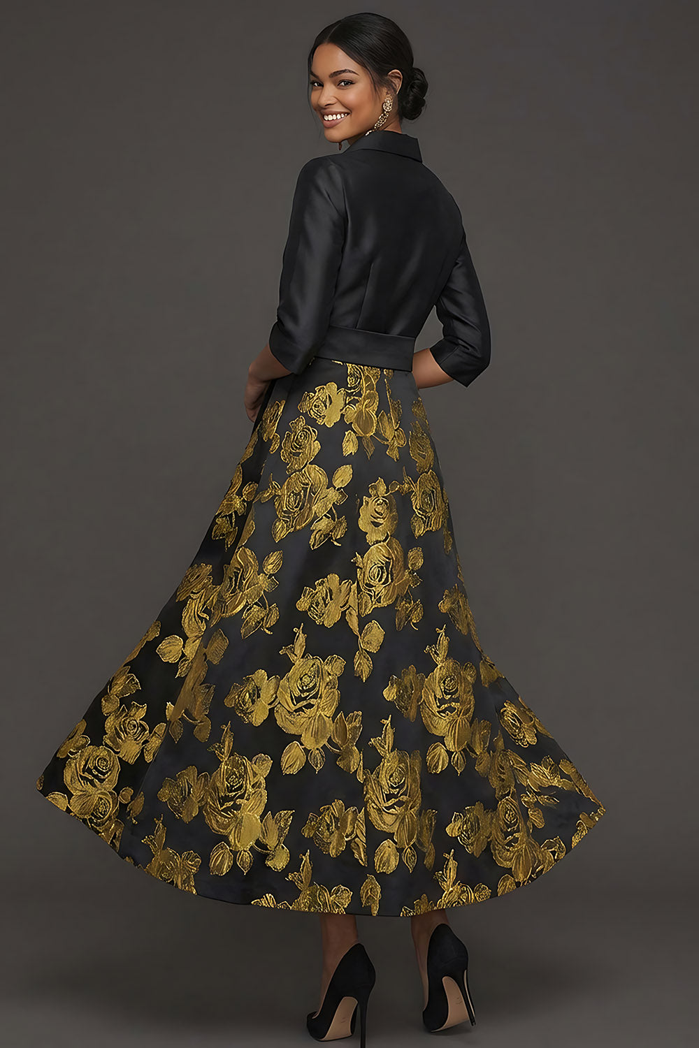 Floral Golden Jacquard Collar Neck Long Formal Dress