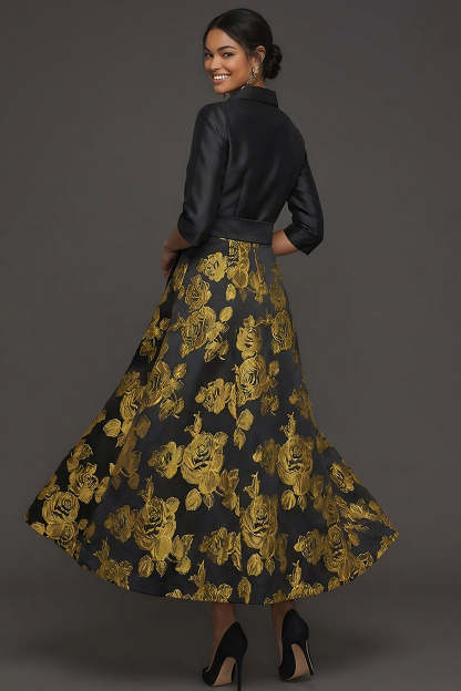 Floral Golden Jacquard Collar Neck Long Formal Dress