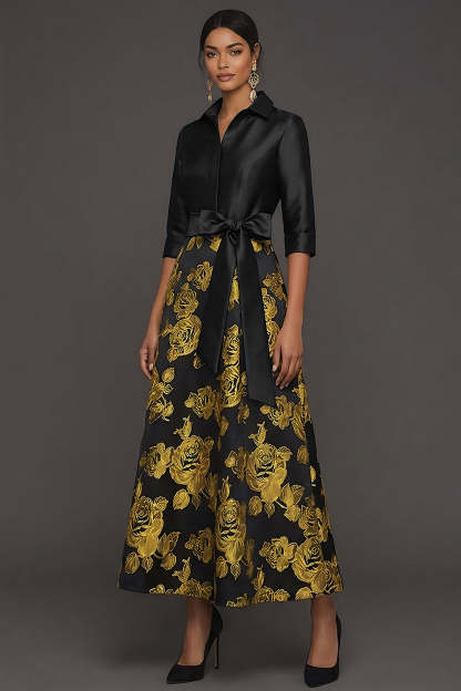 Floral Golden Jacquard Collar Neck Long Formal Dress