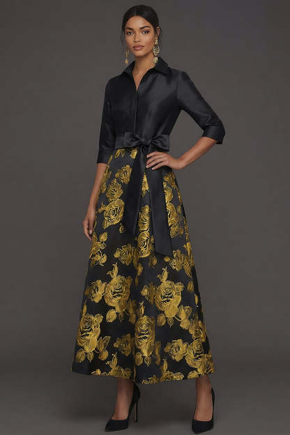 Floral Golden Jacquard Collar Neck Long Formal Dress