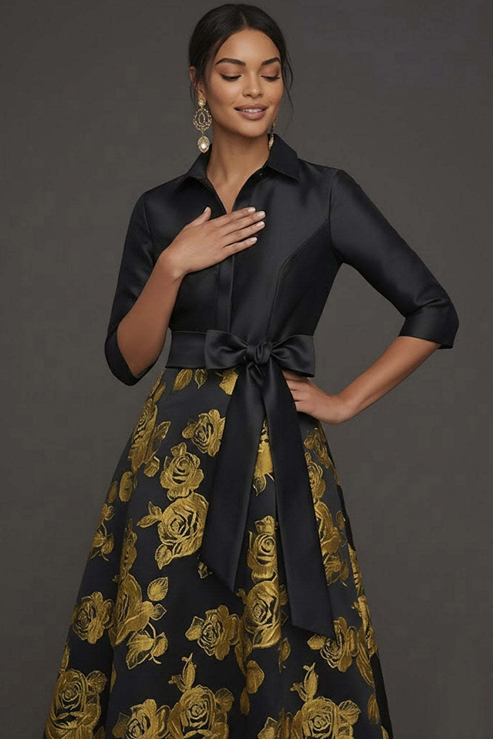 Floral Golden Jacquard Collar Neck Long Formal Dress