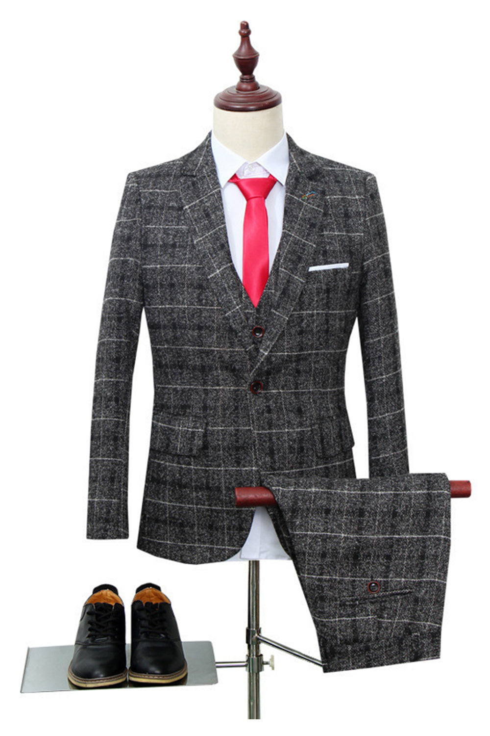 Black Plaid Notched Lapel 3-Piece Men's Formal Suits