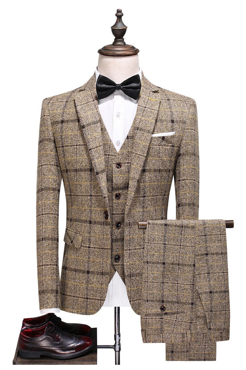 Black Plaid Notched Lapel 3-Piece Men's Formal Suits