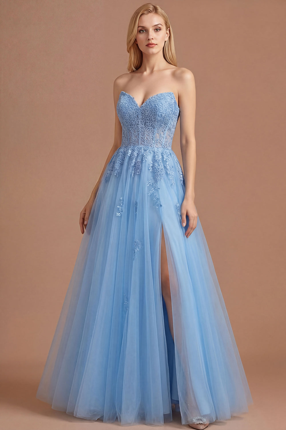 Blue A Line Sweetheart Floral Appliqued Long Prom Dress with Slit