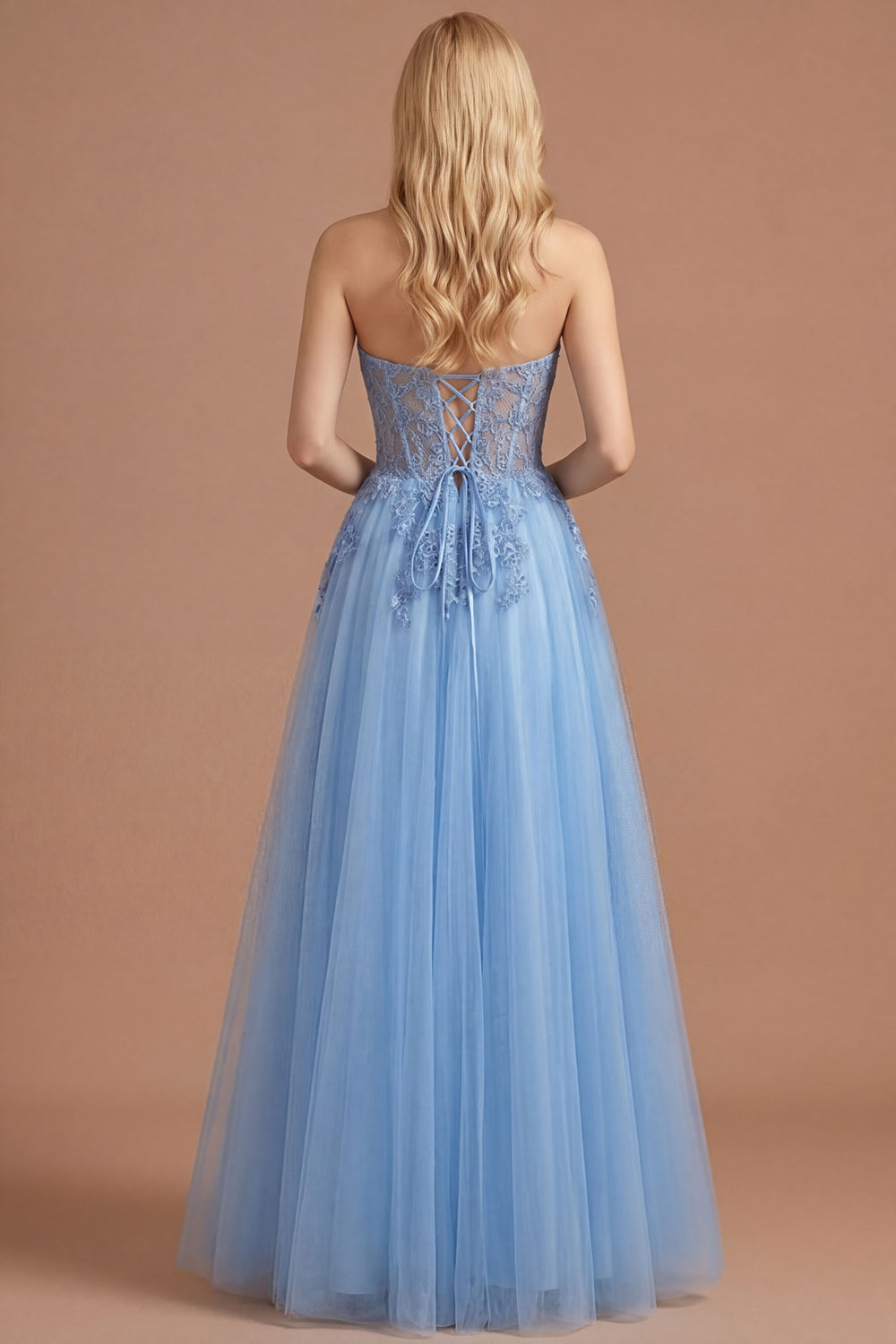Blue A Line Sweetheart Floral Appliqued Long Prom Dress with Slit