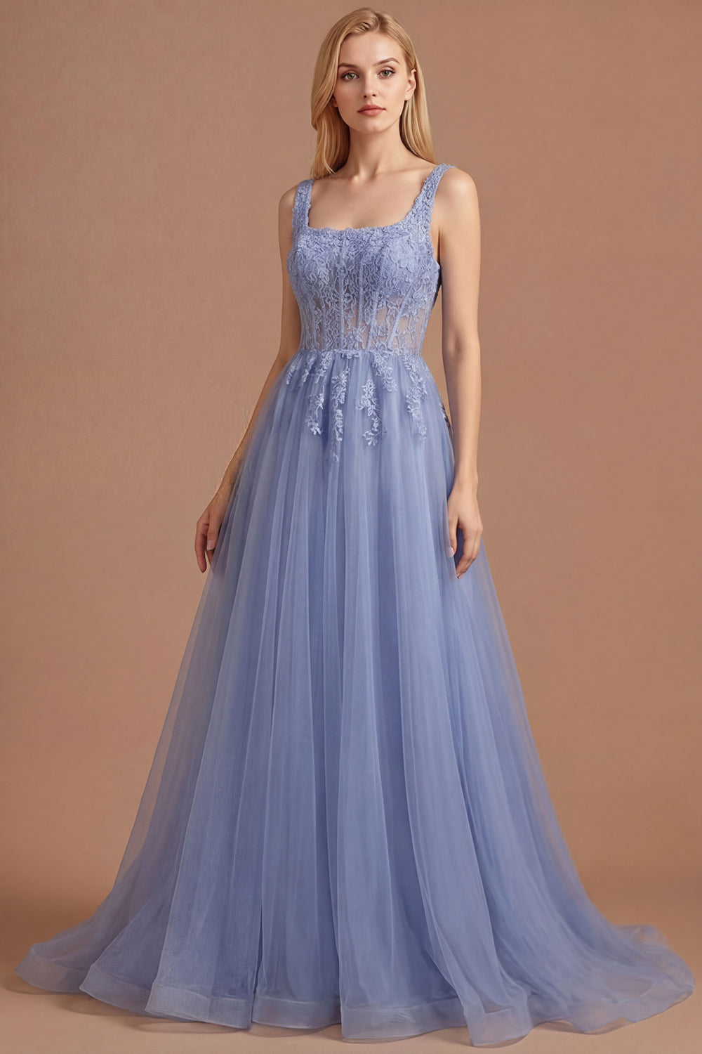 Leely Women Dusty Lavender A Line Corset Thick Straps Long Prom Dress Appliqued Backless Sleeveless Evening Dress