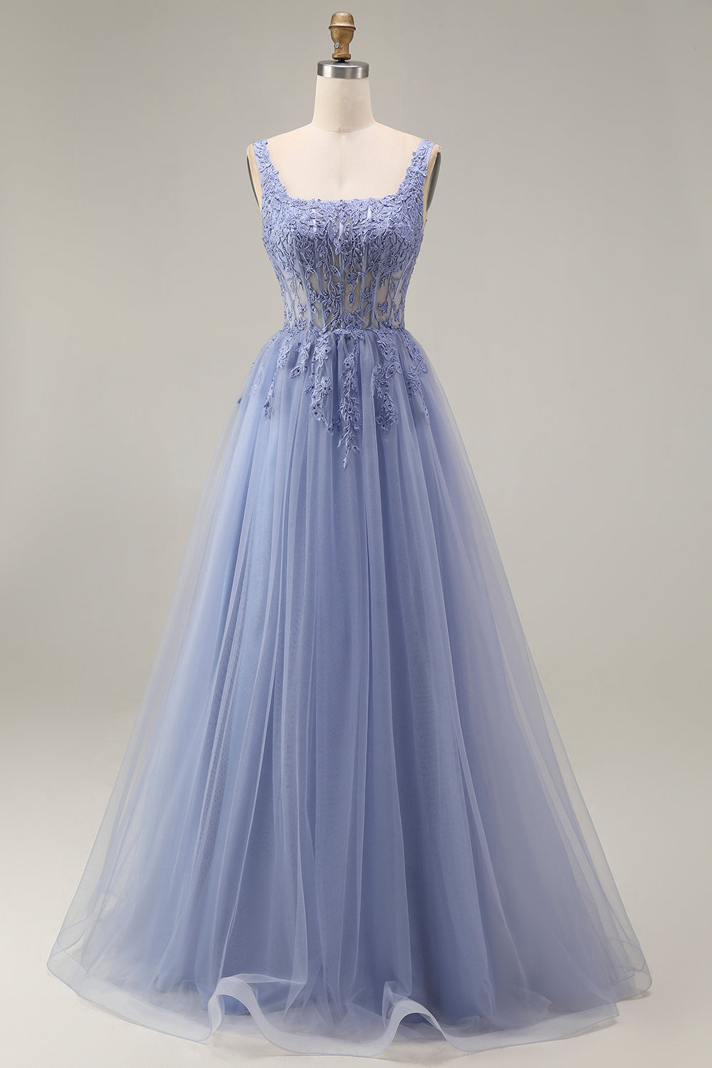 Dusty Lavender A Line Corset Appliqued Thick Straps Long Prom Dress