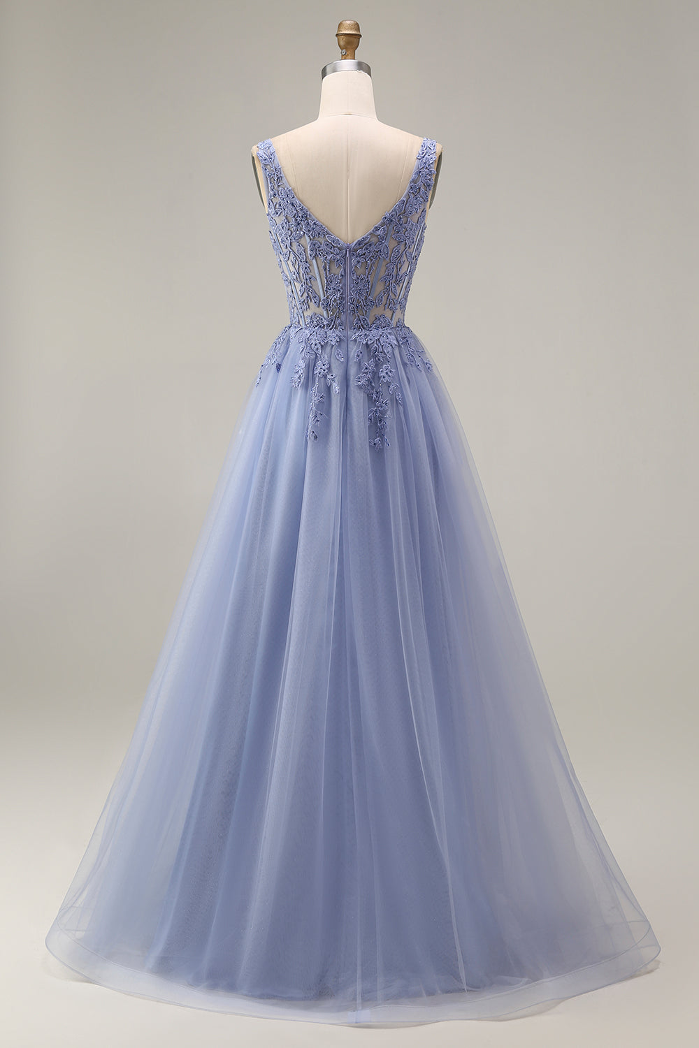 Dusty Lavender A Line Corset Appliqued Thick Straps Long Prom Dress