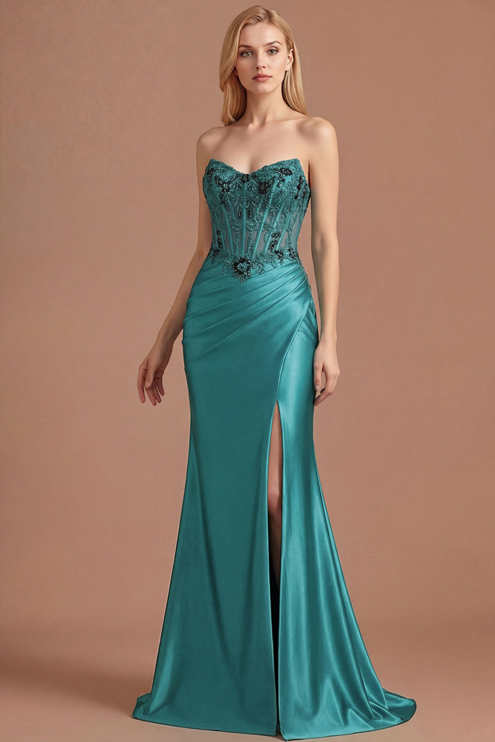Peacock Satin Corset Floral Mermaid Appliqued Long Prom Dress with Slit