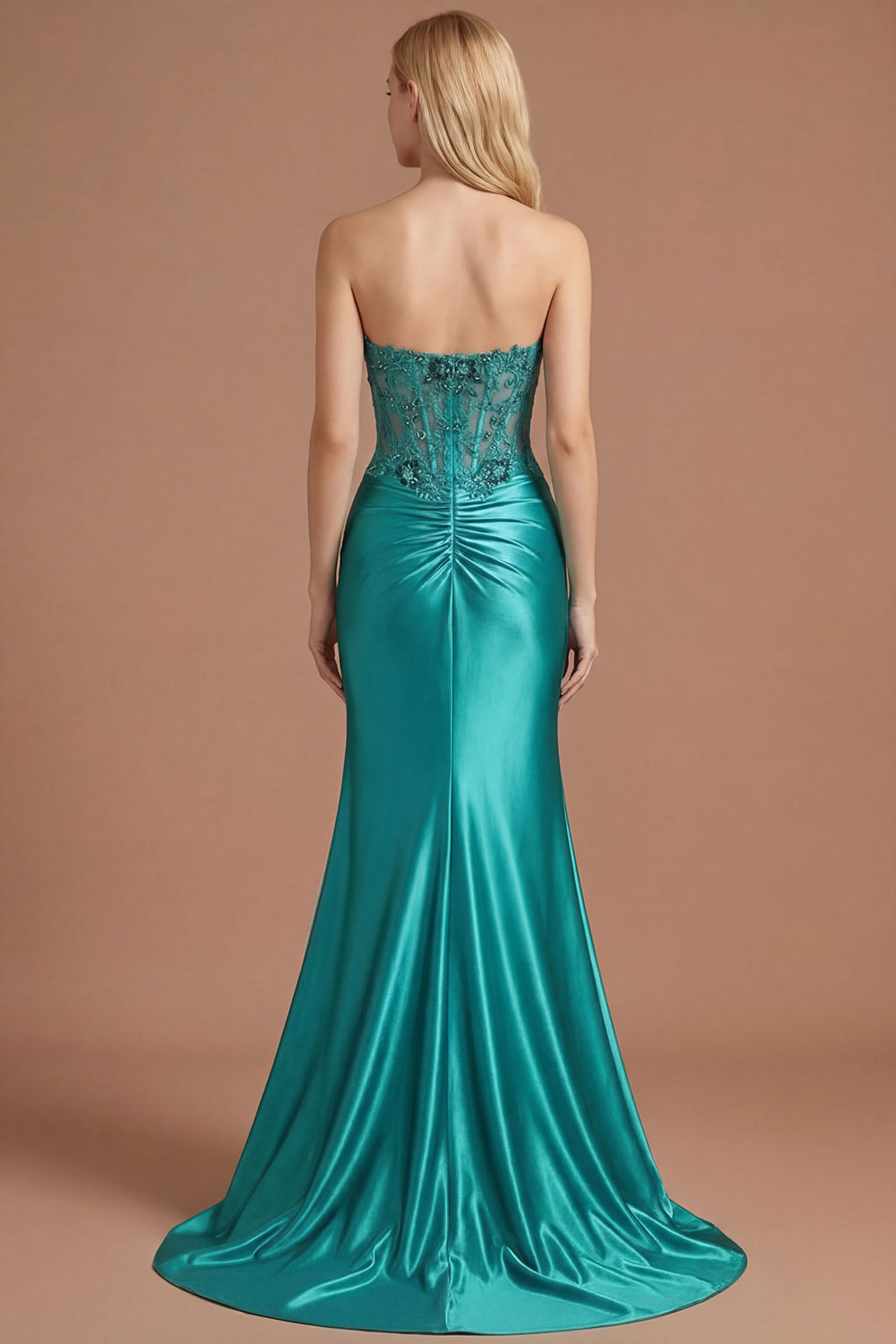 Peacock Satin Corset Floral Mermaid Appliqued Long Prom Dress with Slit