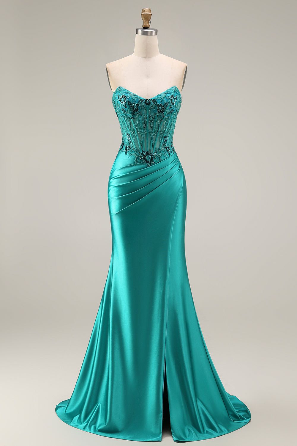 Peacock Satin Corset Floral Mermaid Appliqued Long Prom Dress with Slit