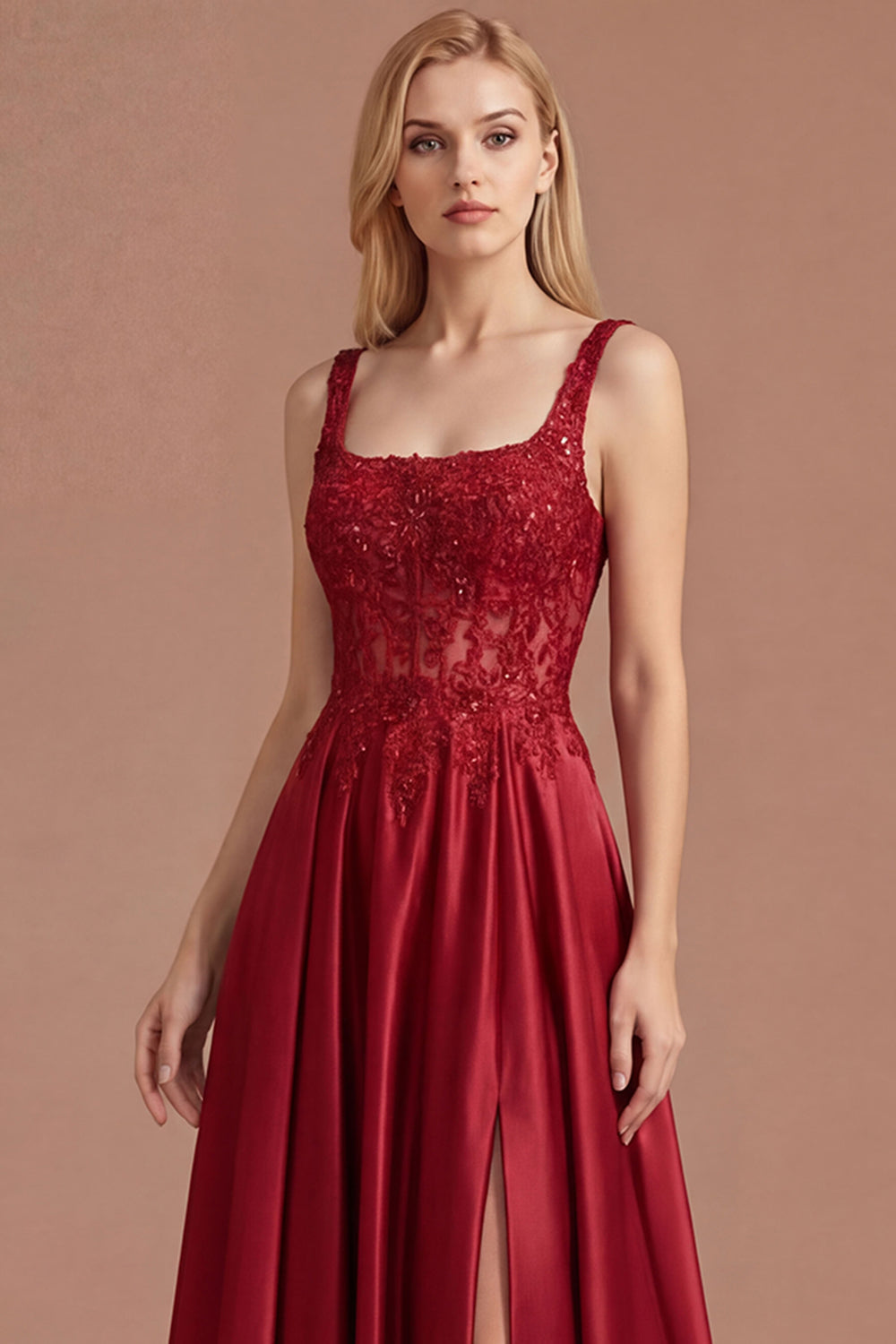 Sparkly Burgundy A Line Satin Long Prom Dress with Slit