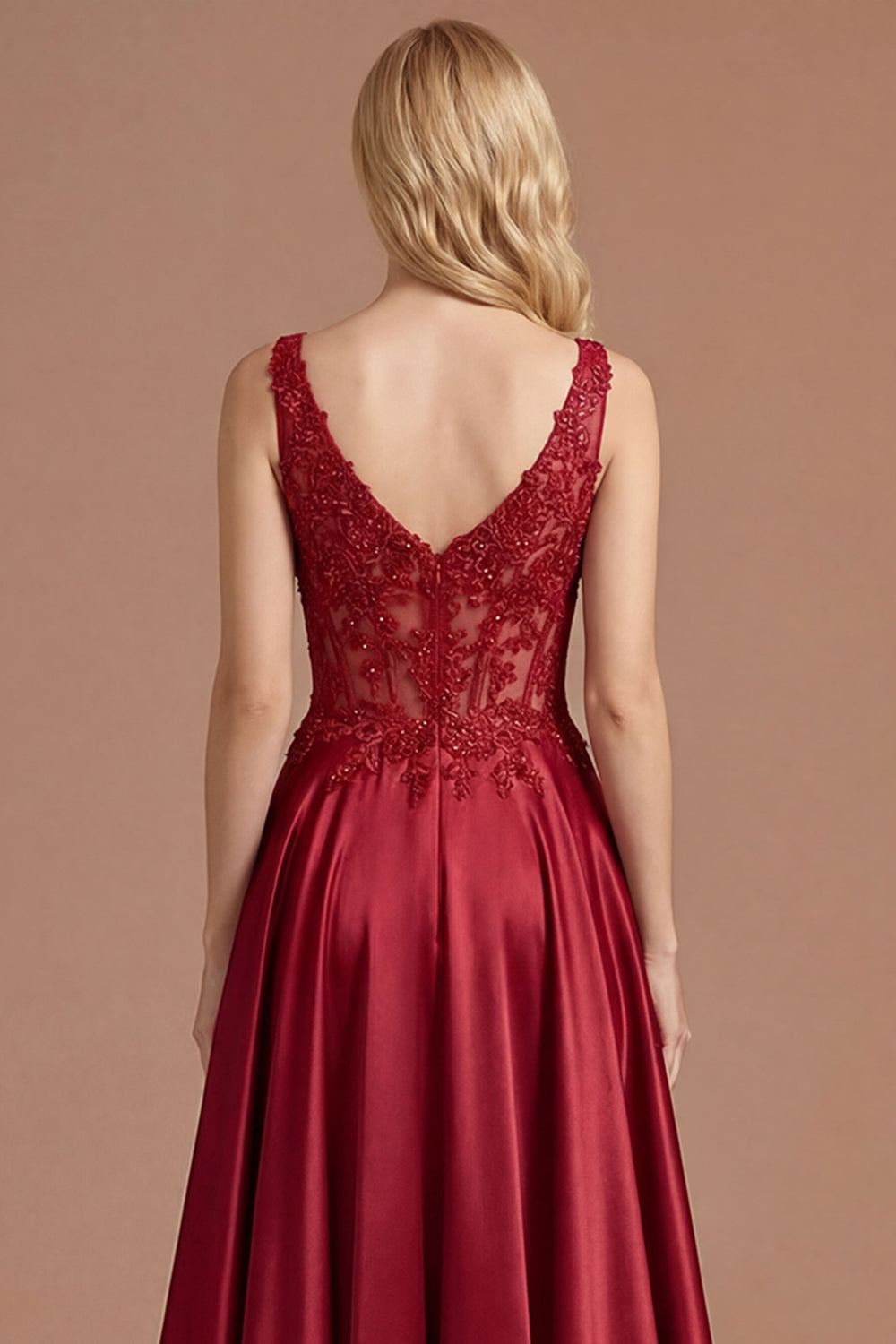 Sparkly Burgundy A Line Satin Long Prom Dress with Slit