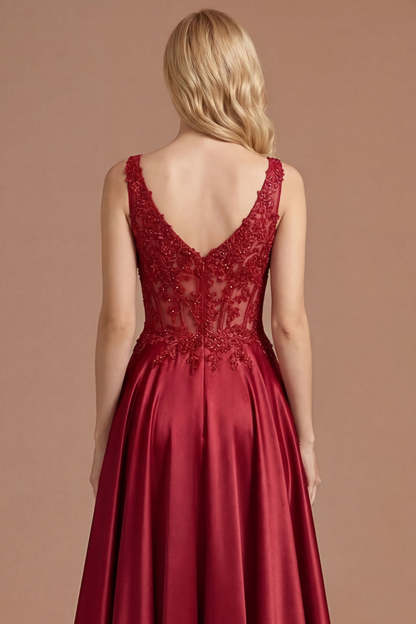 Sparkly Burgundy A Line Satin Long Prom Dress with Slit