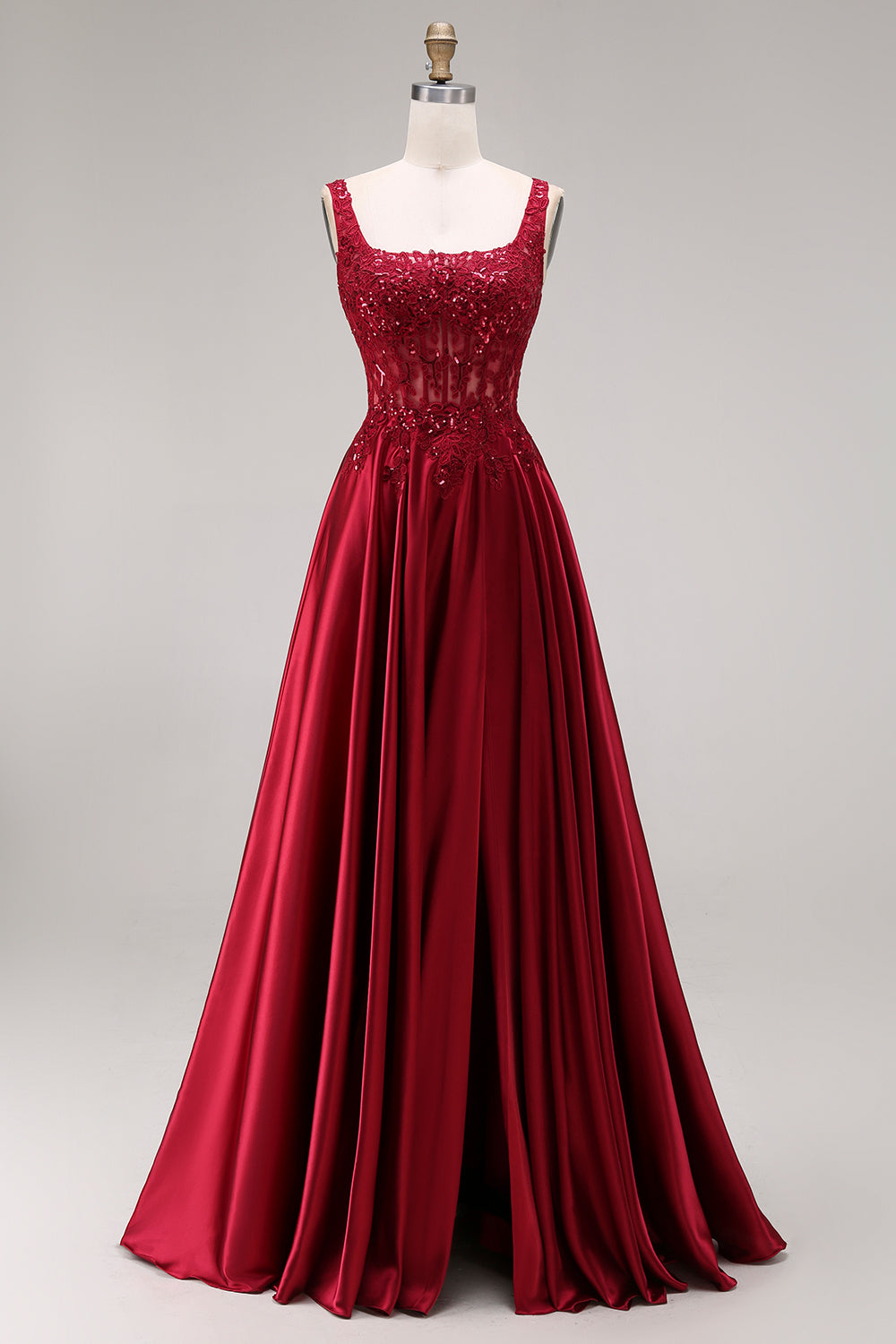 Sparkly Burgundy A Line Satin Long Prom Dress with Slit