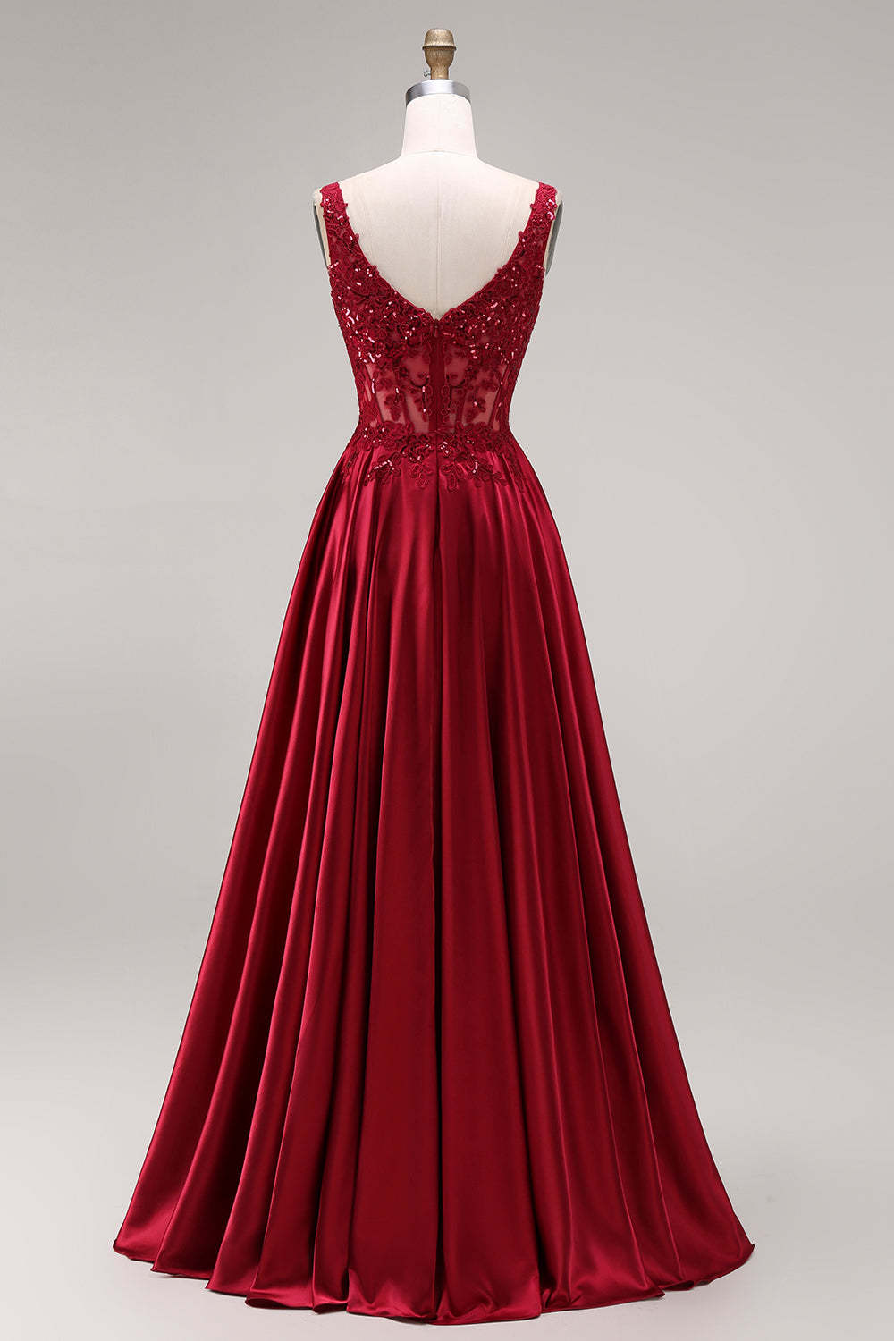 Sparkly Burgundy A Line Satin Long Prom Dress with Slit
