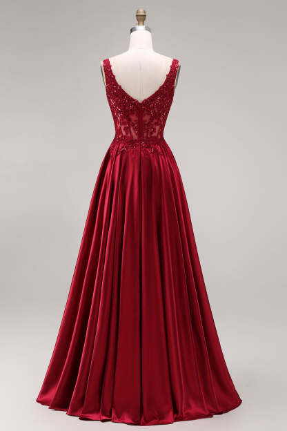 Sparkly Burgundy A Line Satin Long Prom Dress with Slit