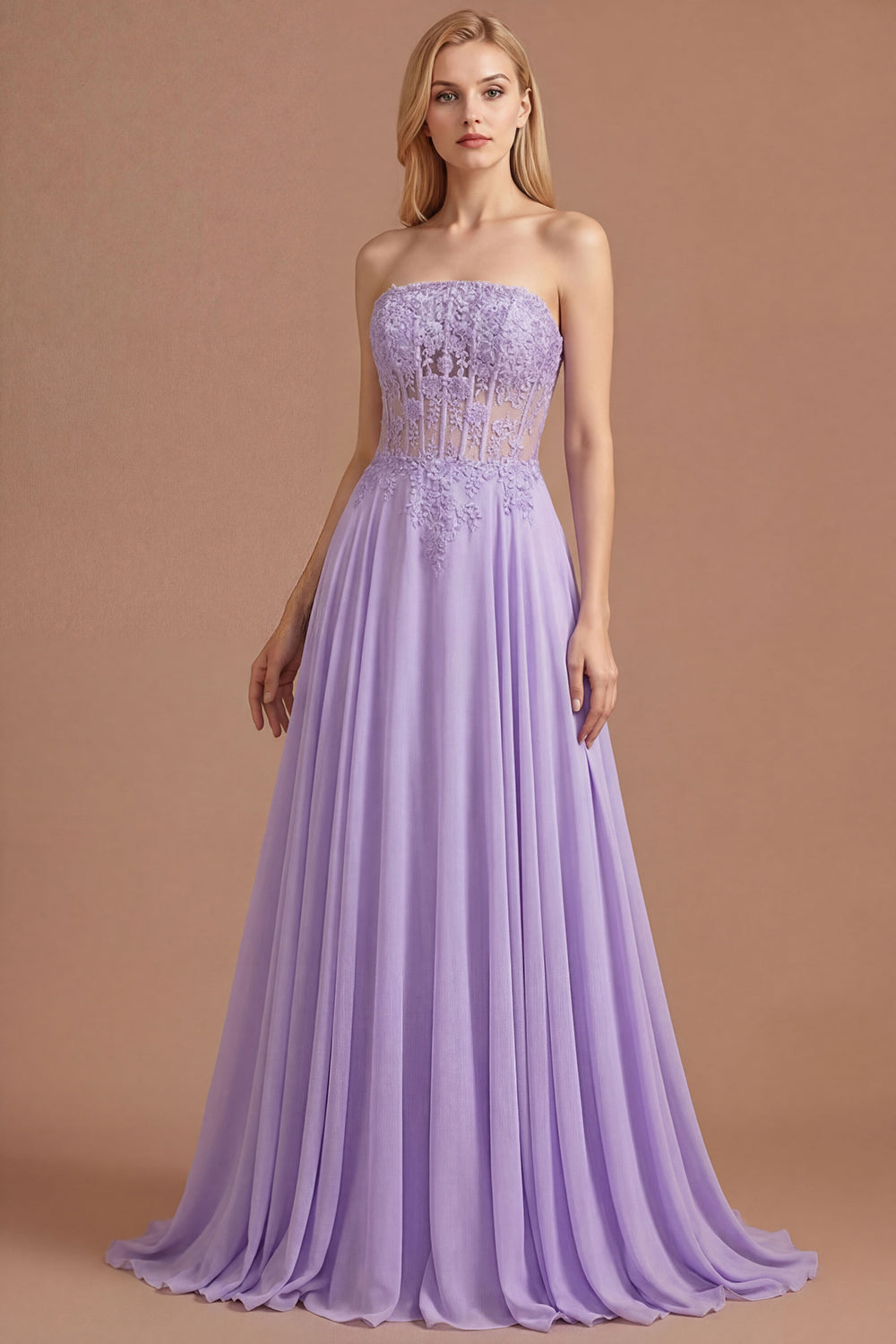 Leely Women Lilac Appliqued Corset A Line Floral Long Prom Dress Backless Sleeveless Evening Dress