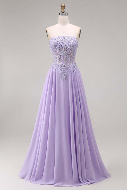 Lilac Appliqued Corset A Line Floral Long Prom Dress
