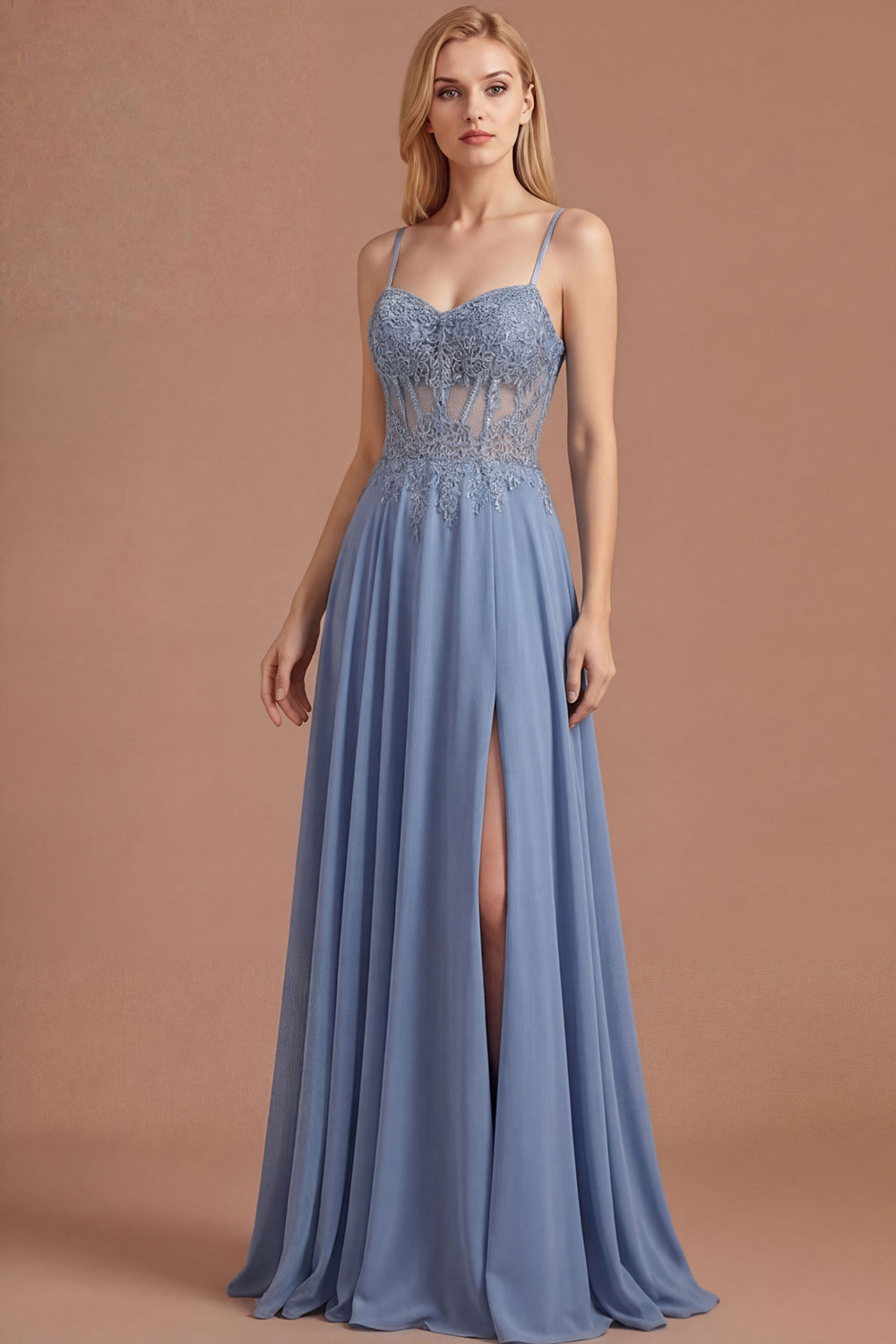 Steel Blue Floral A Line Spaghetti Straps Corset Long Prom Dress with Slit