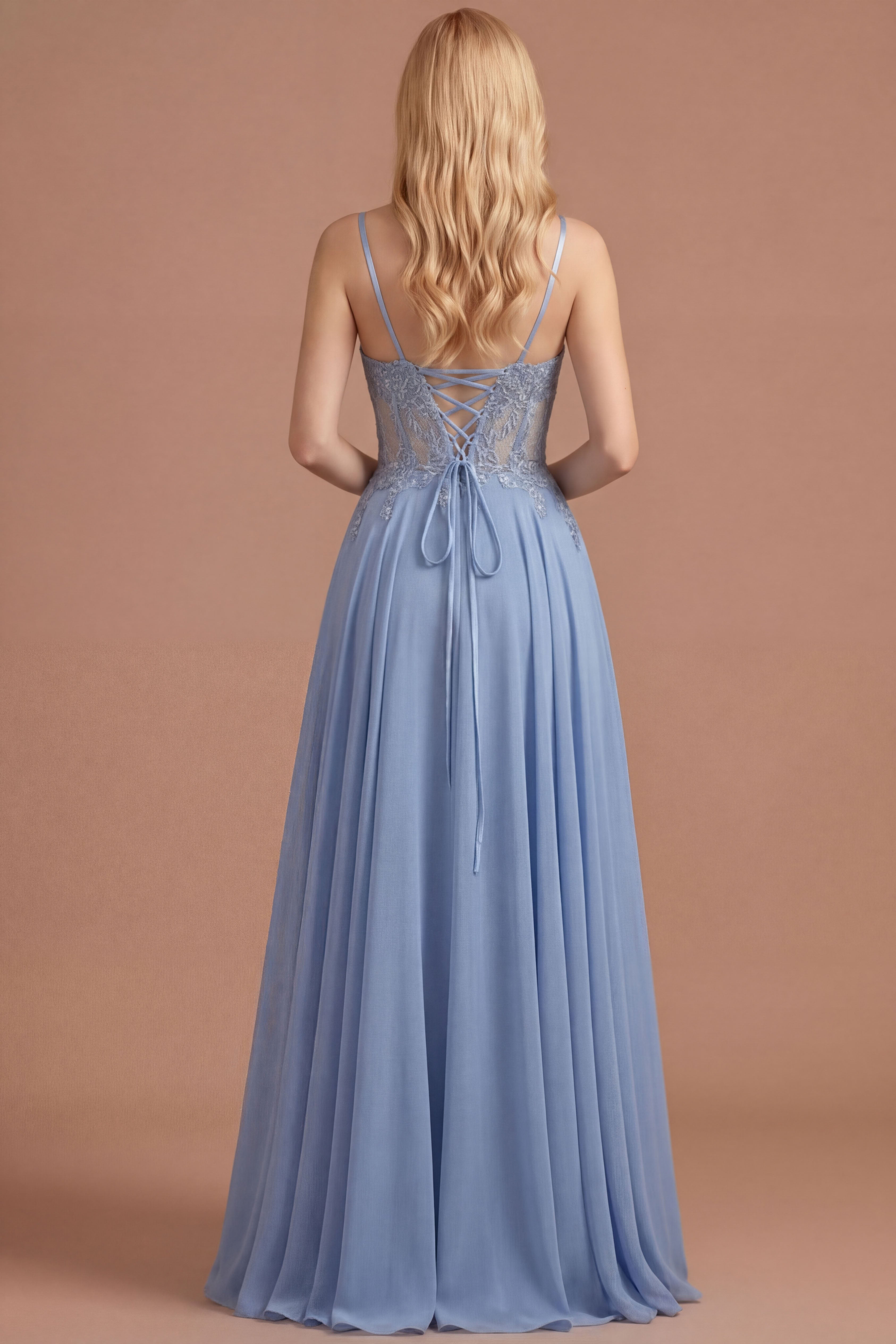 Steel Blue Floral A Line Spaghetti Straps Corset Long Prom Dress with Slit