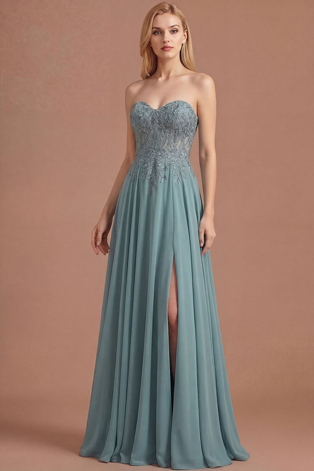 Eucalyptus A Line Floral Appliqued Sweetheart Long Prom Dress with Slit