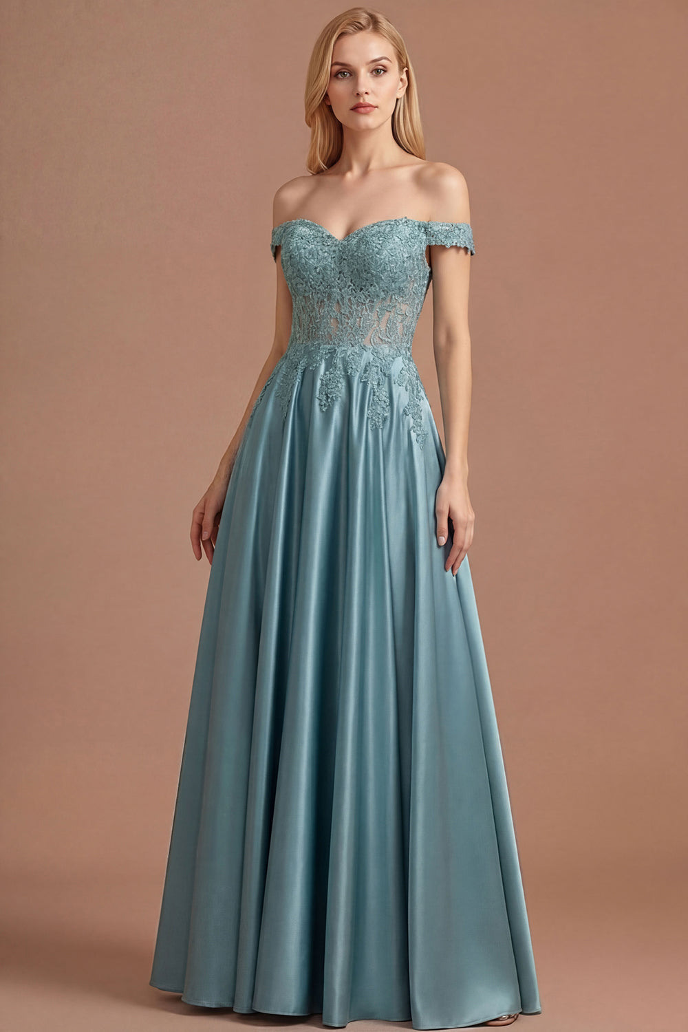 Leely Women Agave Off the Shoulder Floral Appliqued Floral A Line Long Prom Dress Backless Sleeveless Evening Dress