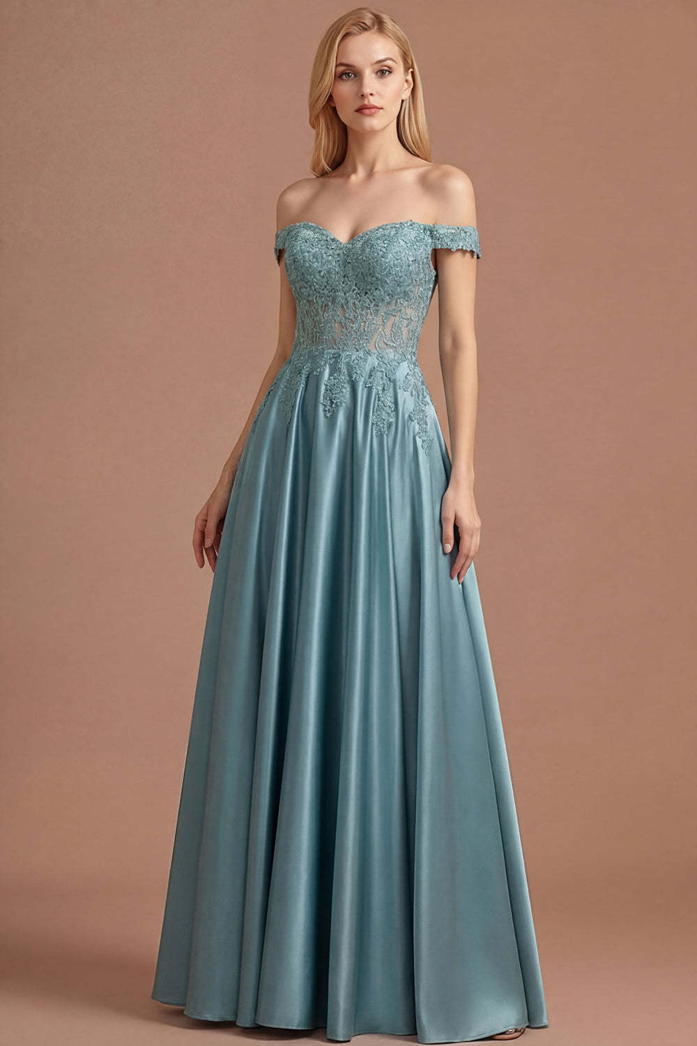 Leely Women Agave Off the Shoulder Floral Appliqued Floral A Line Long Prom Dress Backless Sleeveless Evening Dress
