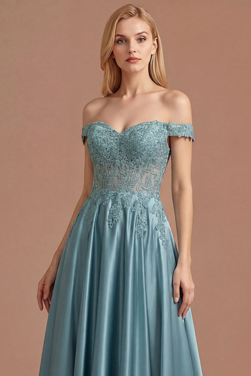 Agave Off the Shoulder Floral Appliqued Floral A Line Long Prom Dress