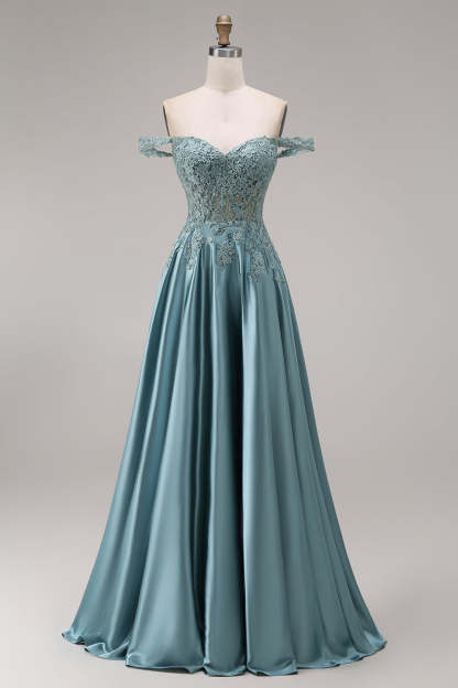 Agave Off the Shoulder Floral Appliqued Floral A Line Long Prom Dress