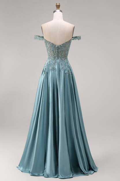 Agave Off the Shoulder Floral Appliqued Floral A Line Long Prom Dress