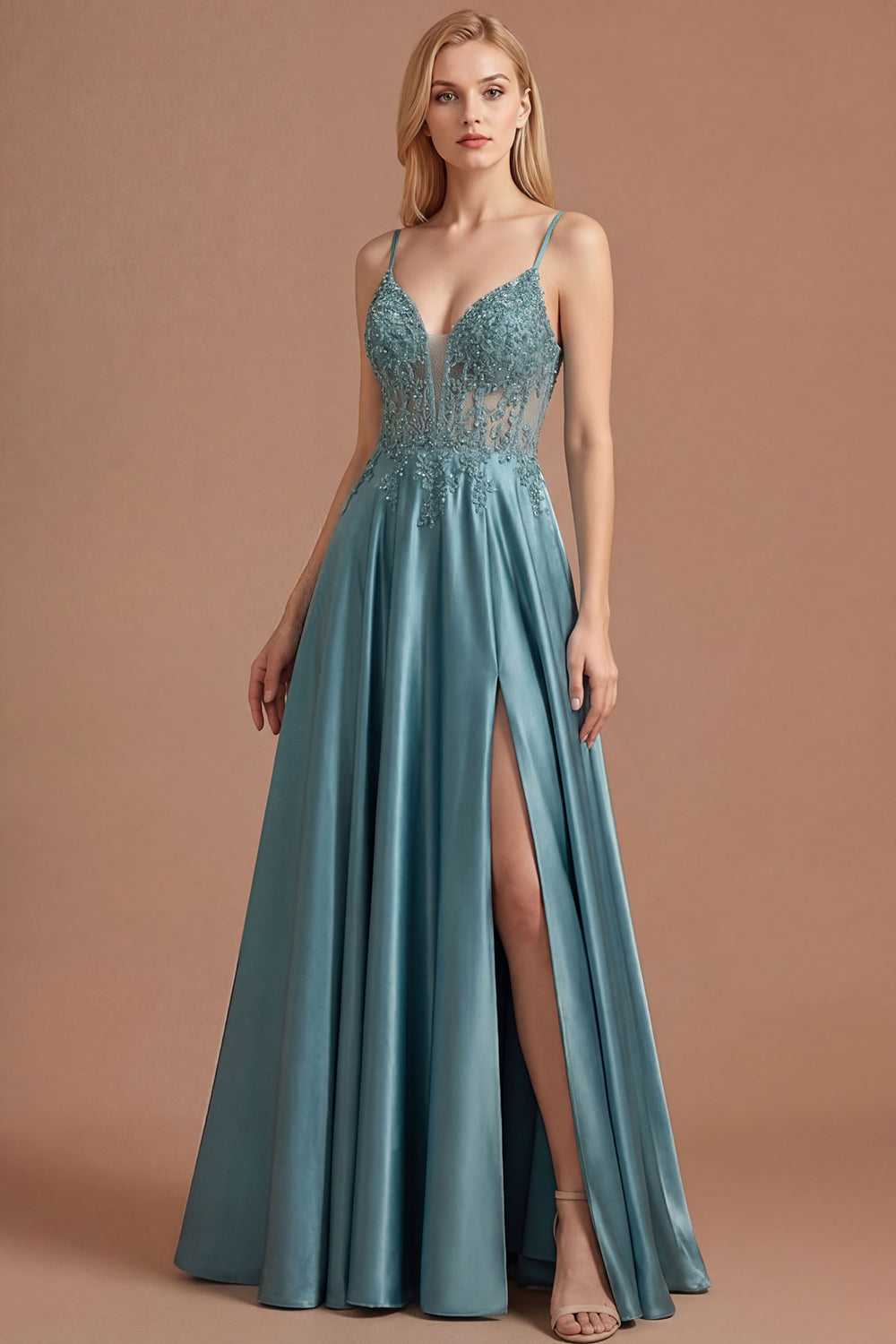 Leely Women Agave Floral Appliqued Floral A Line Long Prom Dress with Slit Spaghetti Straps Beaded Backless Formal Dress