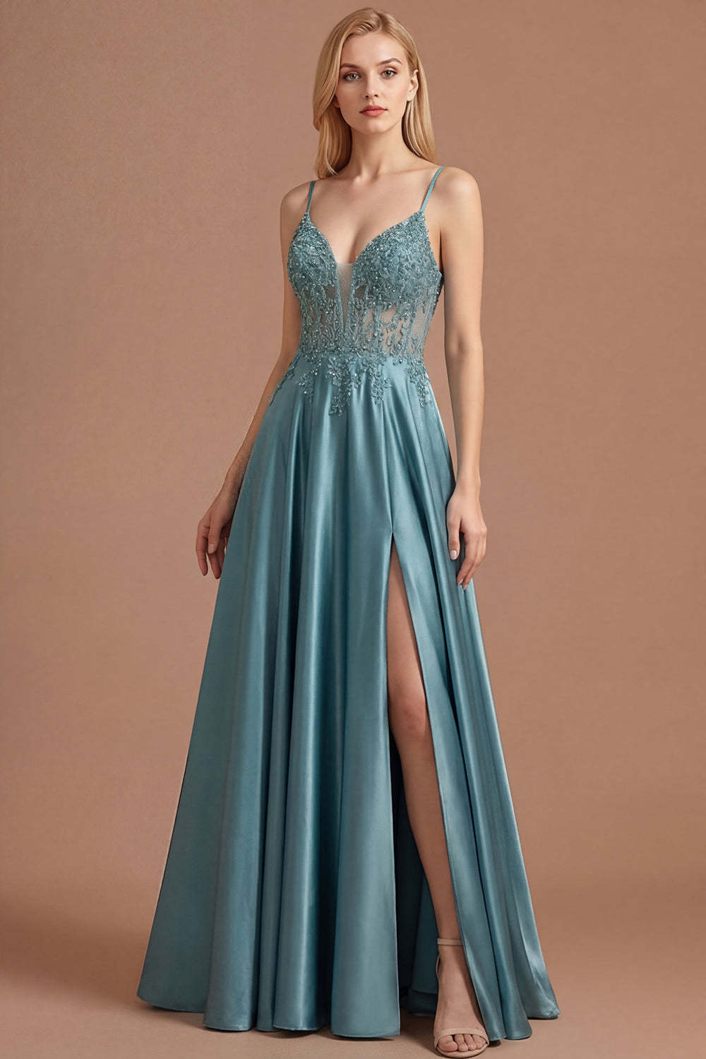 Leely Women Agave Floral Appliqued Floral A Line Long Prom Dress with Slit Spaghetti Straps Beaded Backless Formal Dress