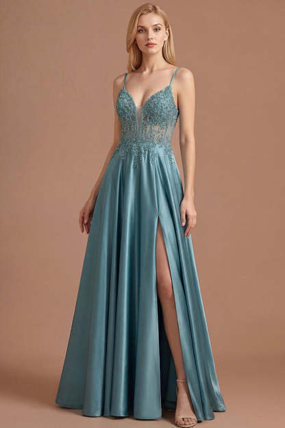 Leely Women Agave Floral Appliqued Floral A Line Long Prom Dress with Slit Spaghetti Straps Beaded Backless Formal Dress