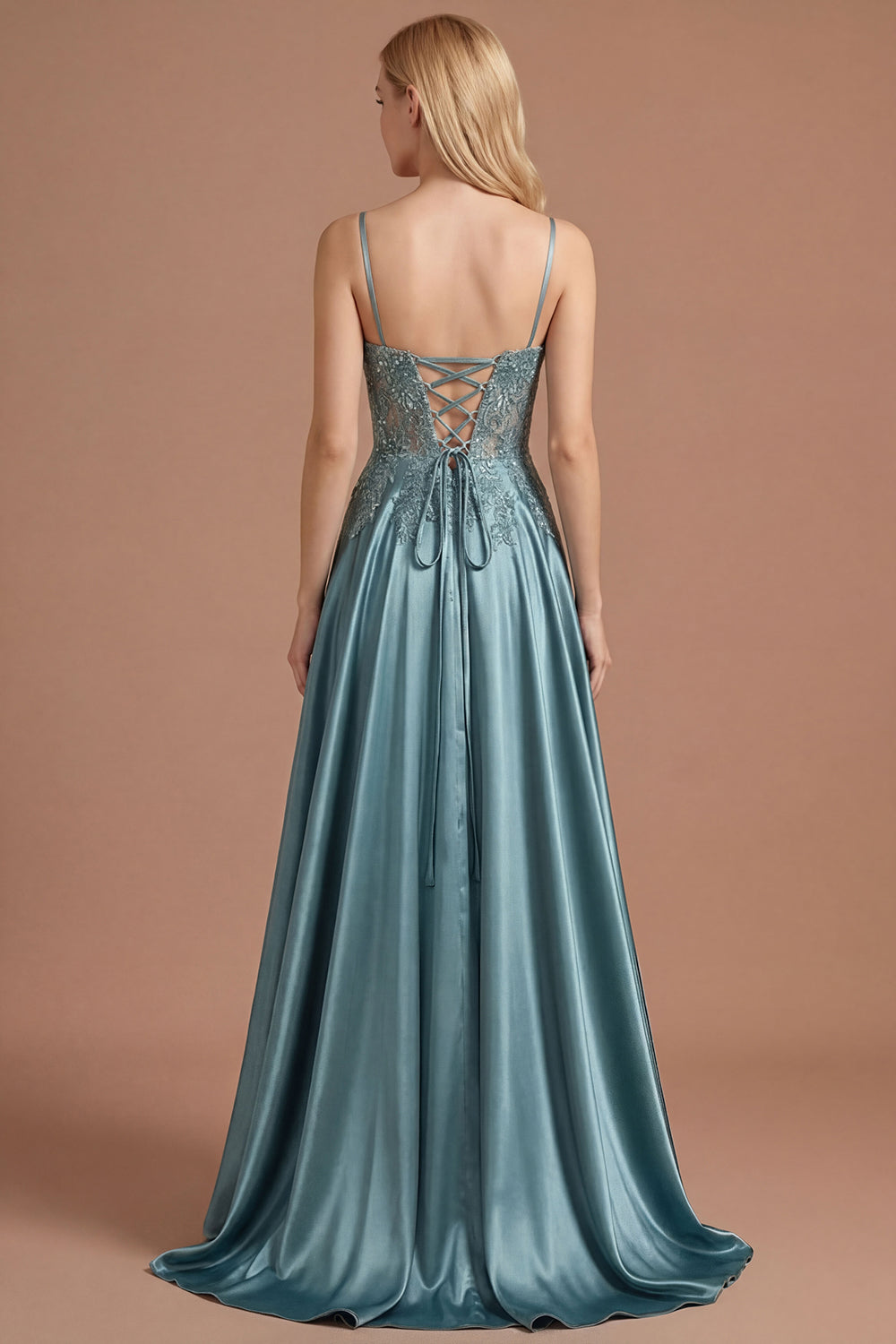 Spaghetti Straps Agave Floral Appliqued Floral A Line Long Prom Dress with Slit