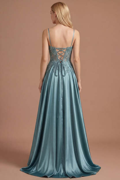 Spaghetti Straps Agave Floral Appliqued Floral A Line Long Prom Dress with Slit